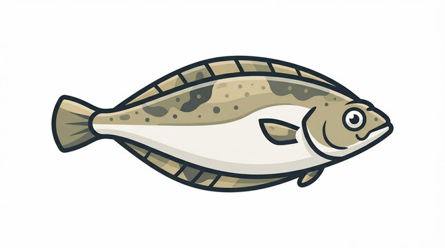 Flatfish flounder vector illustration isolated on white background, cartoon style halibut sea fish icon