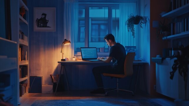 Young programmer coding at night in a cozy workspace illuminated by soft lamp light, enhancing focus and productivity