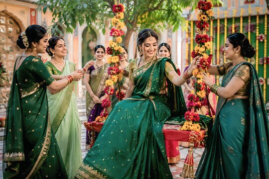 Hariyali Teej celebration with women on floral swing in traditional green sarees, Indian cultural festival, joyful festive gathering