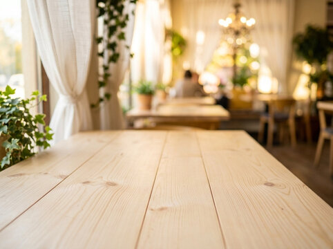 Empty wooden table in a sunlit cafe with bokeh background