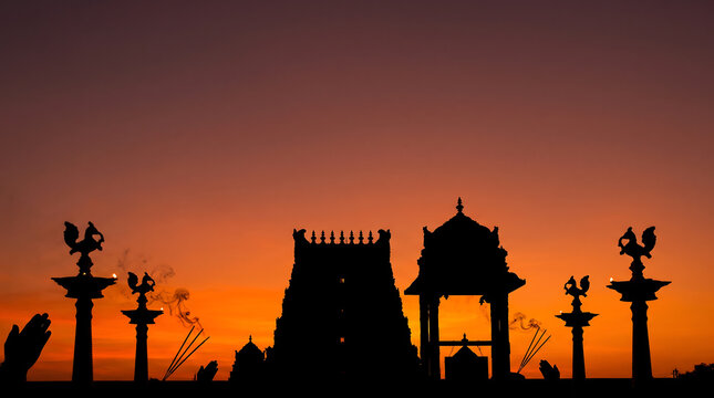 Silhouette of Indian Hindu Temple Architecture Against Sunset Sky