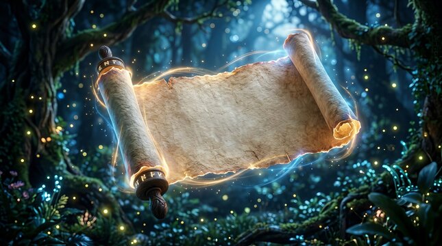A glowing parchment rests within a mystical, dark forest setting.