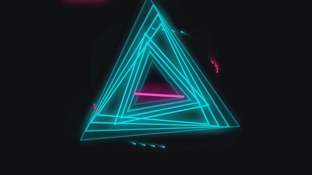 Animated abstract neon triangles tunnel of light move forward and backward in dark background futuristic motion graphic element.