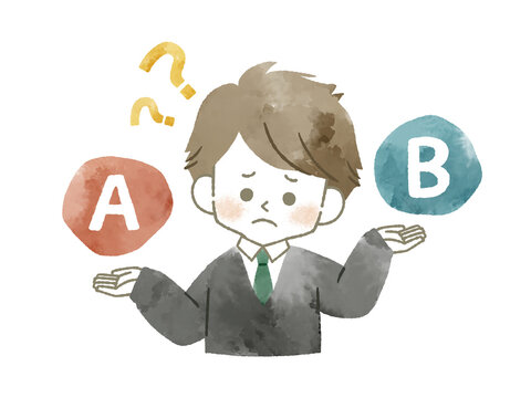 比較をしている困った表情の男子学生-水彩