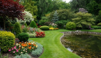 Fototapeta premium Serene garden path with flowers and pond