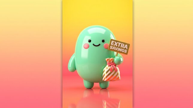 Cute mascot promoting extra savings and gifts.
