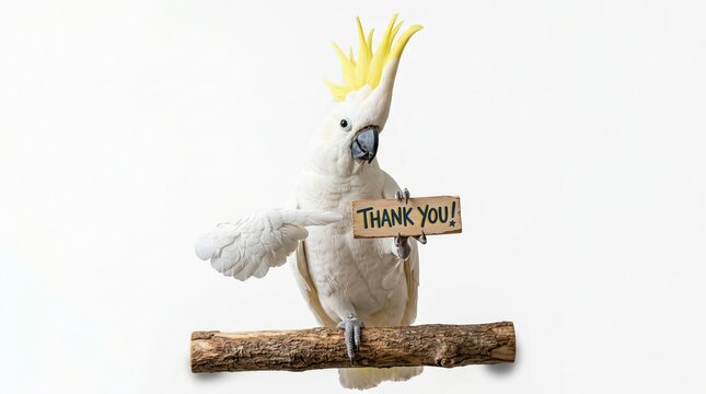 Friendly white cockatoo bird with a 'Thank You!' sign