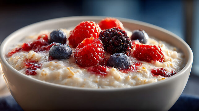 Creamy oatmeal porridge bowl topped with fresh raspberries and blueberries for healthy meal