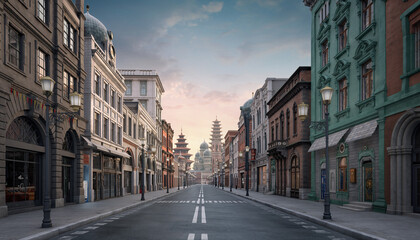 Fototapeta premium Empty City Street with Eclectic Historic Architecture