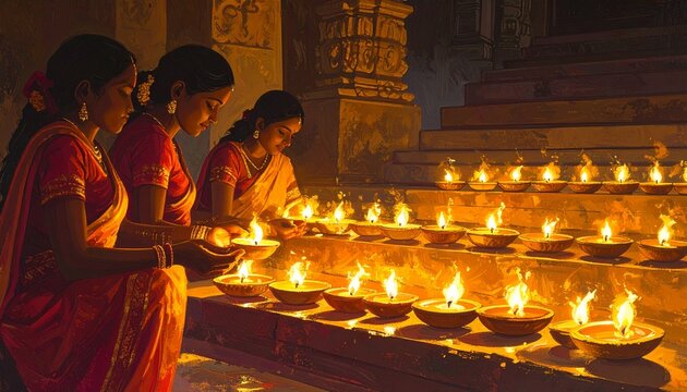 Women lighting oil lamps during a traditional religious ceremony