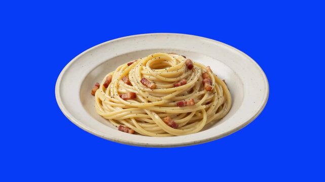 A classic serving of savory spaghetti carbonara topped with browned bacon pieces on a white ceramic plate, isolated on a solid blue chroma key backdrop. Excellent for food delivery promotions, cooking