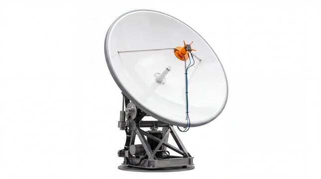 Large white telecommunication satellite dish antenna showing industrial engineering mechanics isolated on white background