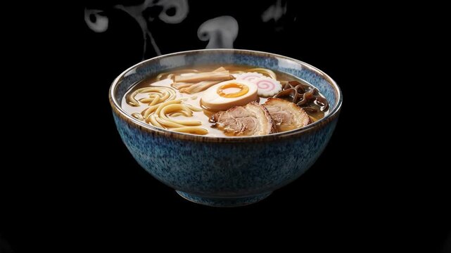 A detailed 3D model of a hot bowl of traditional Japanese ramen filled with noodles, sliced pork chashu, soft-boiled egg, and narutomaki fish cake with rising steam, set against a solid dark black stu