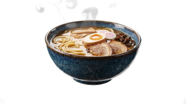 A bowl of Japanese Shoyu ramen with wavy noodles, dark soy-based broth, slices of chashu pork, a halved soft-boiled egg, and bamboo shoots (menma), isolated on a white background. This authentic prese