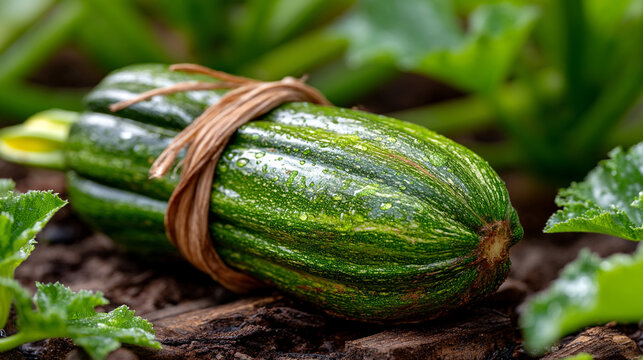 Fresh organic green zucchini tied with raffia fiber in a vegetable garden zucchini vitamins