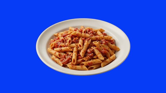 A white plate served with penne pasta tossed in rich tomato marinara sauce, isolated on a solid blue screen backdrop. Suitable for Italian cuisine advertising, quick meal promos, and menu graphic over