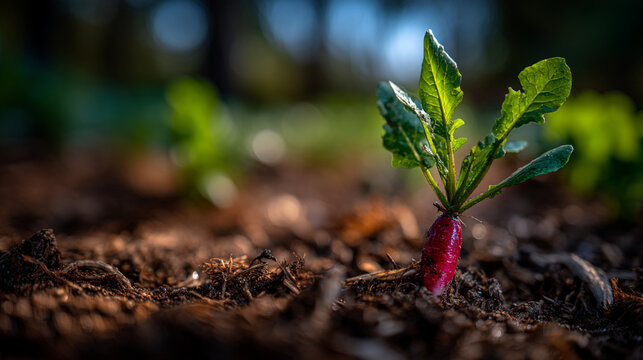 Young radish plant with green leaves emerging from dark soil in vegetable garden, vegetable