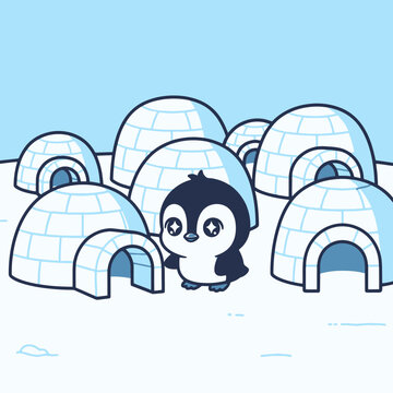Cute cartoon penguin standing near igloo village.