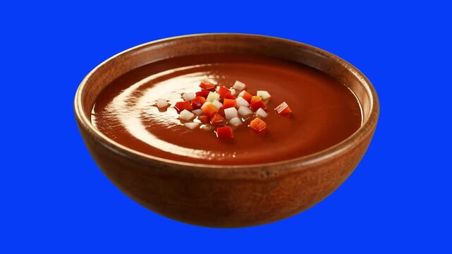 A clay bowl filled with smooth red gazpacho tomato soup topped with diced vegetables, isolated against a solid blue background. Perfect for summer menu ads, Mediterranean food videos, and culinary com