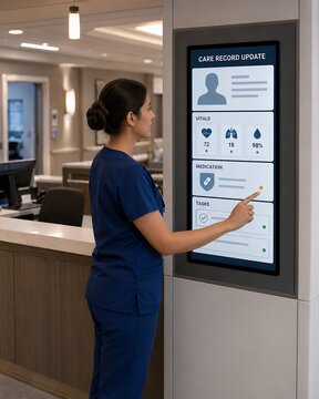 Electronic health record system terminal operated by a nurse in scrubs updating patient vitals and medication details in a hospital corridor.