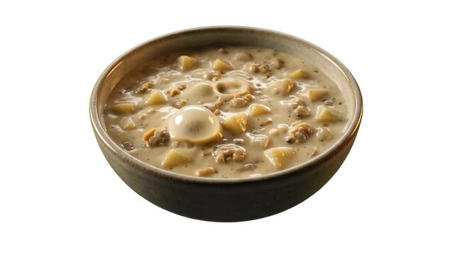 A mouthwatering 3D render of traditional New England clam chowder soup filled with potatoes, clams, and creamy broth, served in a neutral ceramic bowl, isolated on a clean white background. Perfect fo