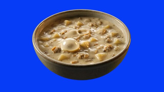 A thick, hearty bowl of traditional New England clam chowder loaded with clams, diced potatoes, and celery, isolated on a solid blue backdrop. Perfect for seafood restaurant menus, cooking guides, and