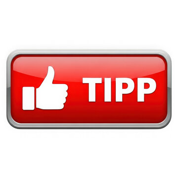 Red button with thumb up icon and german text tipp for helpful advice isolated on transparent background