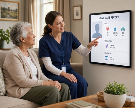 Electronic health record system wall screen displaying patient vitals and prescription data during home care consultation
