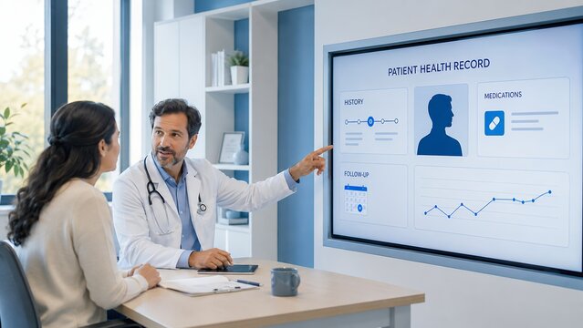 Electronic health record system workflow demonstrated by a physician showing medical charts and graphs on a digital monitor to a patient.