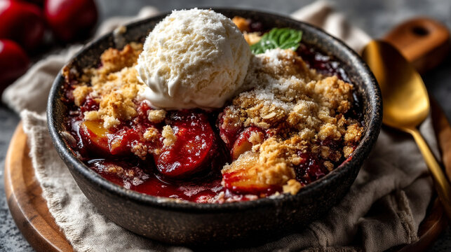 Fresh baked plum crumble dessert in cast iron skillet with scoop of vanilla ice cream