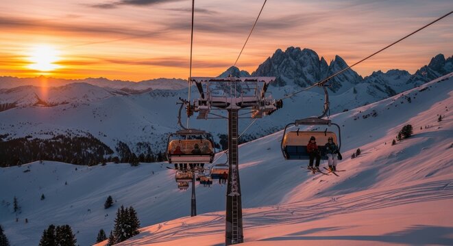 Ski Lift at Sunset in the Mountains.