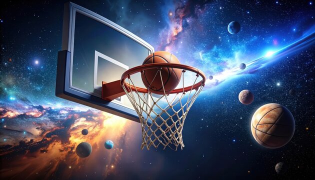 Basketball Hoop in Cosmic Galaxy with Planets and Stars.