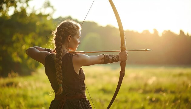 Young Woman Archer Aiming Bow and Arrow in Golden Hour Sunlight.