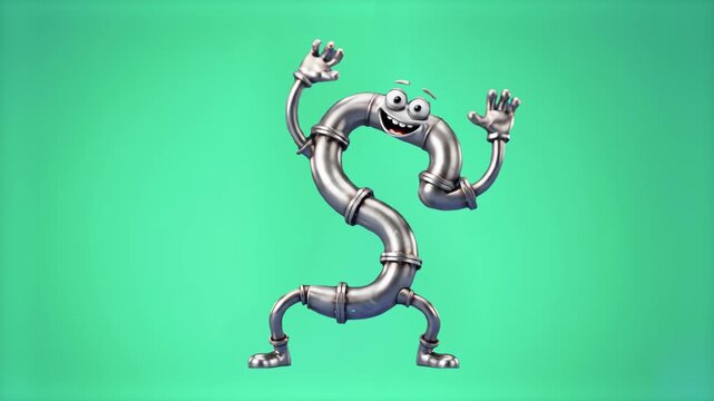 A cheerful 3D cartoon pipeline mascot with arms and legs dancing on a bright chroma key green screen background. Perfect for plumbing repair videos, construction content overlays, and educational moti