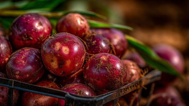 Freshly harvested red onions in a plastic crate under sunlight at a farm with vegetable