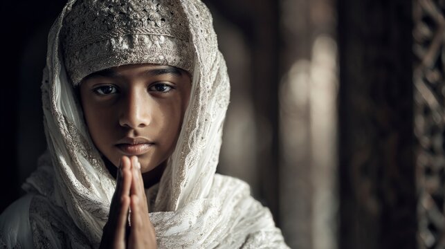 Young boy in traditional attire with hands in prayer