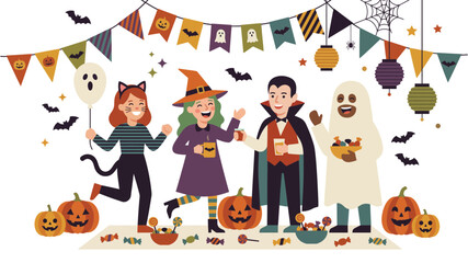Fototapeta premium Group of children dressed in cute Halloween costumes standing outdoors in autumn.