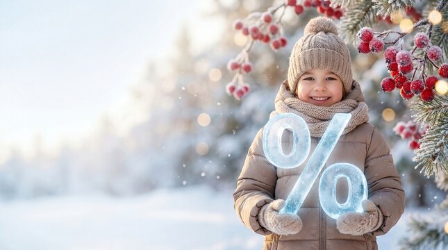 Little girl in winter clothes holding a frozen ice percent sign. Holiday sale and shopping discount concept. Outdoor seasonal promotion advertisement with child in snowy forest background.
