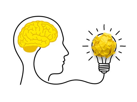 Conceptual illustration of a human head profile with yellow brain connected to a paper lightbulb