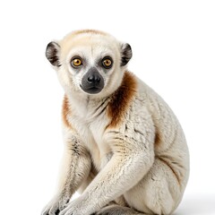 Fototapeta premium White Coquerel Sifaka Lemur Sitting and Looking Forward Isolated on White Background Studio Shot