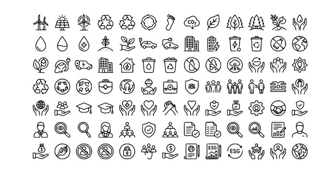 ESG sustainability ecology environment social governance outline icon set editable stroke vector