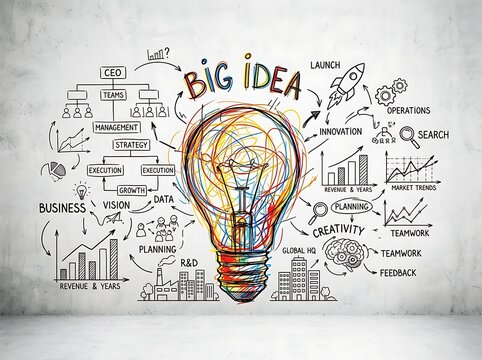 Colorful lightbulb sketch surrounded by business strategy icons and planning diagrams on concrete wall