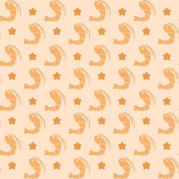 seamless pattern of cute orange shrimp and stars on a light peach background