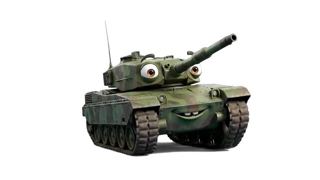 A friendly 3D cartoon mascot shaped like a British Chieftain main battle tank with funny eyes and a smiling face, shown driving forward against a clean white background. Perfect for kids military educ