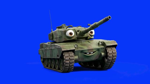 A friendly 3D animated main battle tank character modeled after the Leopard 2, complete with camouflage paint, big eyes, and a smiling face, driving on a solid blue studio backdrop. Excellent for mili