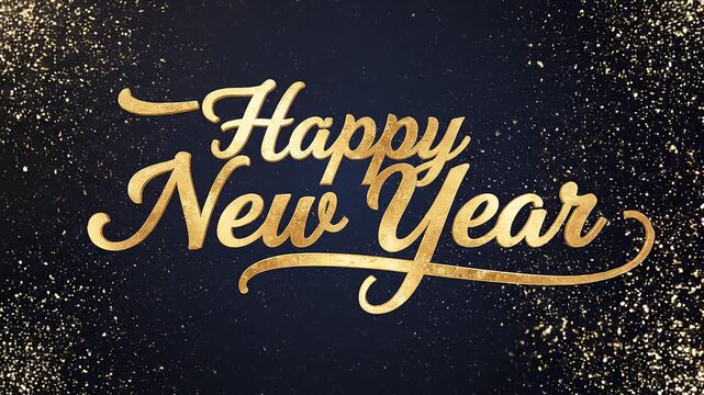 Elegant gold cursive Happy New Year text on dark background.