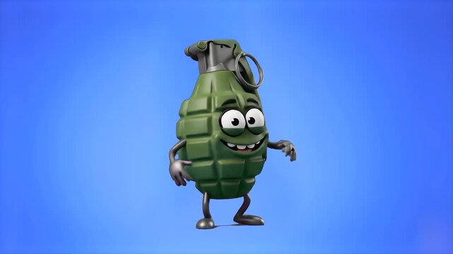A friendly 3D rendered hand grenade character stepping and smiling against a solid blue chroma key backdrop. Ideal for action game overlays, military app promotions, children's animated content, and v