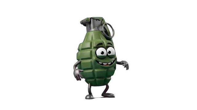 A cute 3D cartoon military hand grenade mascot with eyes and arms walking playfully isolated against a clean white background. Suitable for funny gaming UI graphics, military cartoons, mobile game mas