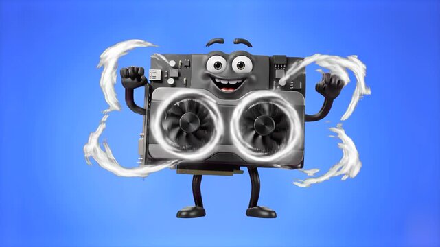 A funny 3D rendered GPU character with dual rotating coolers cheering with energetic smoke trails on a solid blue chroma key backdrop. Perfect for tech tutorials, hardware benchmarks, video game strea