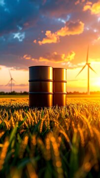 Oil Barrels in a Field with Wind Turbines at Sunset: Energy Transition Concept